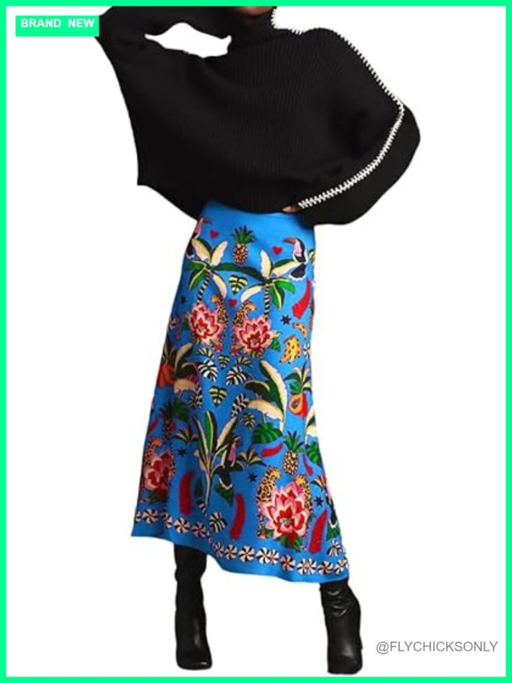 Womens Tropical Plant Print Skirt Midi A-Line High Waist Zipper